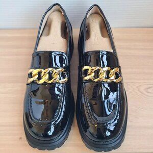 Atalina Womens Size 9W Wide Black Faux Leather Gold Chain Shoes Loafers Slip On